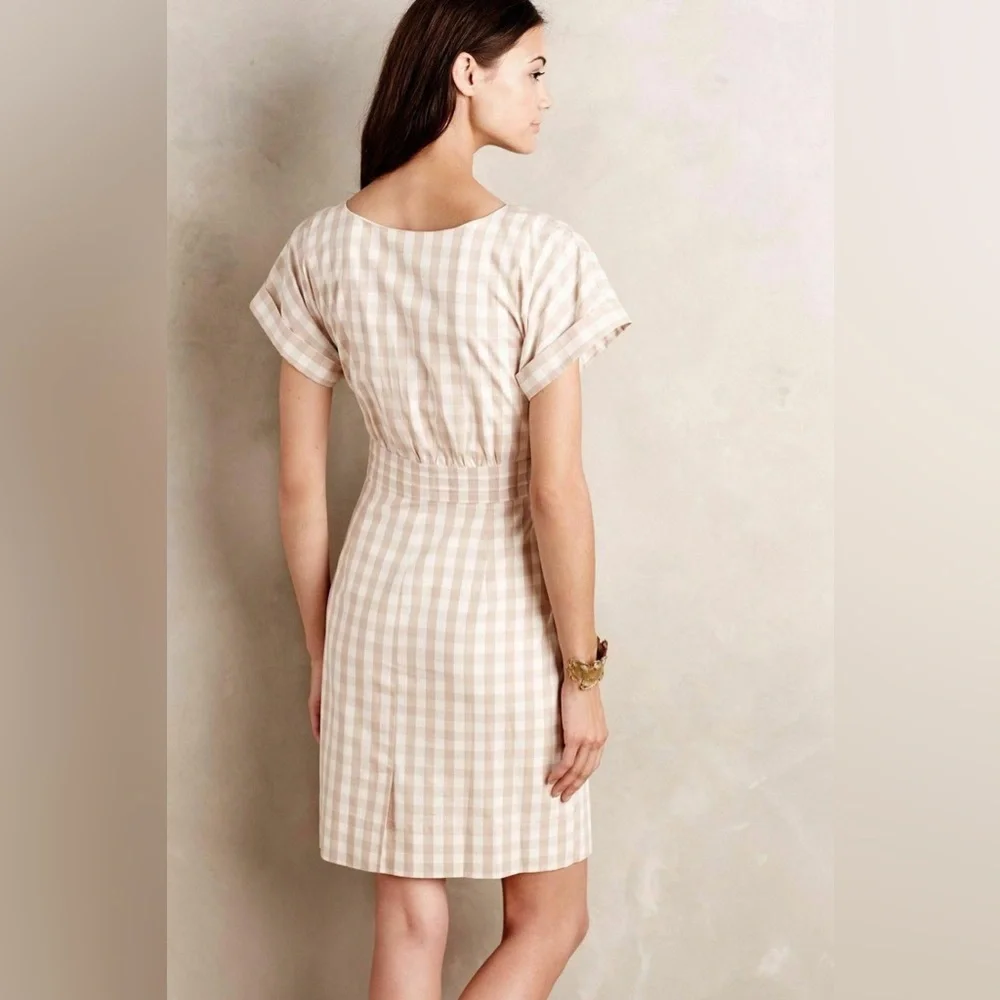 Anthropologie HD in Paris Beige Gingham Ribboned Poplin Dress - Picture 2 of 12